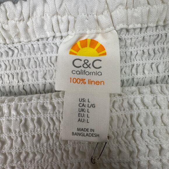C&C California Smocked Crop Tank Top L White Linen Adjustable Straps Breathable - Picture 4 of 5